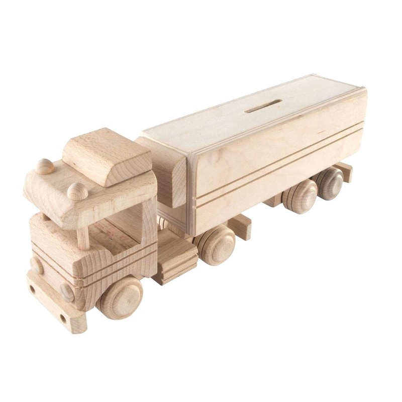 Wooden World Wooden Long Truck Piggy Bank with Detachable Trailer, Beech Wood, Sliding Access, 30.5×10×6.5 cm