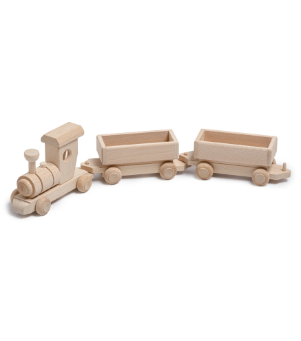 Wooden World Wooden Train with 2 Carriages, Beech Wood, Movable Wheels, 54×7×7 cm Display Model