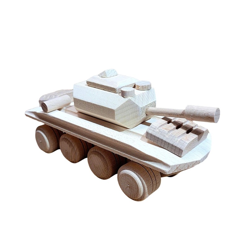 Wooden World Wooden Army Tank Toy, Raw Natural Wood, Movable Wheels, 17×7×8.5 cm 3D Model