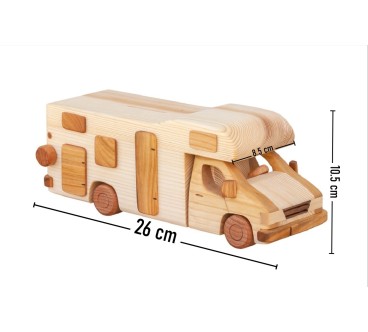 Wooden World Handmade Wooden Campervan Toy & Piggy Bank, Mixed Woods, Movable Wheels, Sliding Access, 26×10.5×8.5 cm