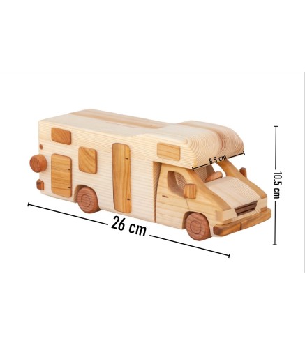 Wooden World Handmade Wooden Campervan Toy & Piggy Bank, Mixed Woods, Movable Wheels, Sliding Access, 26×10.5×8.5 cm