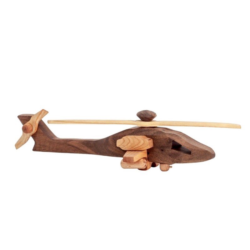 Wooden World Wooden Apache AH-64 Helicopter Model, Raw Natural Wood, Movable Propeller, 22×19×6.5 cm