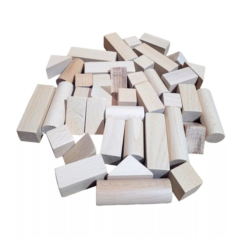 Wooden World 40 Wooden Blocks Set, Beech Wood, Plain Craft Bricks, 5 Shapes for Decoupage & DIY