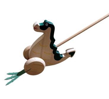 Wooden World Push Along Wooden Dragon Toy, Hand Painted, Beech Wood, Rolling Figure with Stick, 20×10×10 cm