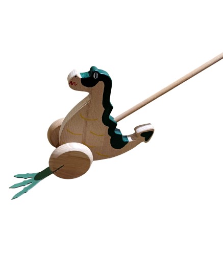 Wooden World Push Along Wooden Dragon Toy, Hand Painted, Beech Wood, Rolling Figure with Stick, 20×10×10 cm
