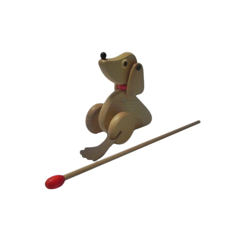 Wooden World Push Along Wooden Dog Toy, Hand Painted, Beech Wood, Rolling Figure with Stick, 20×10×10 cm