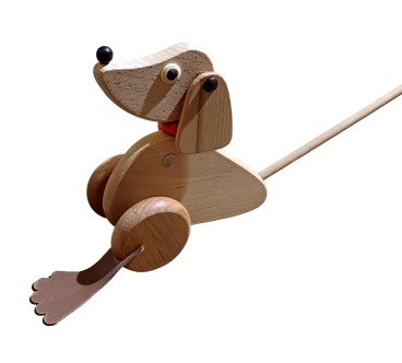 Wooden World Push Along Wooden Dog Toy, Hand Painted, Beech Wood, Rolling Figure with Stick, 20×10×10 cm