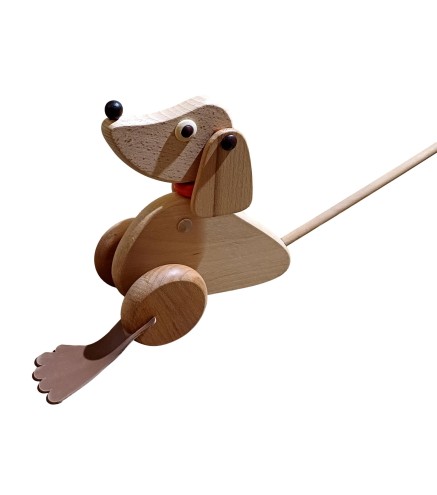 Wooden World Push Along Wooden Dog Toy, Hand Painted, Beech Wood, Rolling Figure with Stick, 20×10×10 cm