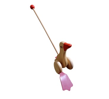 Wooden World Push Along Wooden Duck Toy, Hand Painted, Beech Wood, Rolling Figure with Stick, 20×10×10 cm