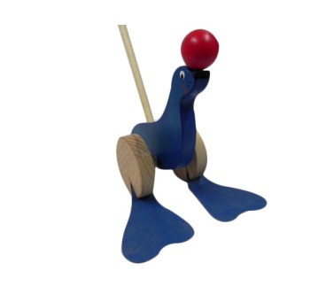 Wooden World Push Along Wooden Seal Toy, Hand Painted, Beech Wood, Rolling Figure with Stick, 20×10×10 cm