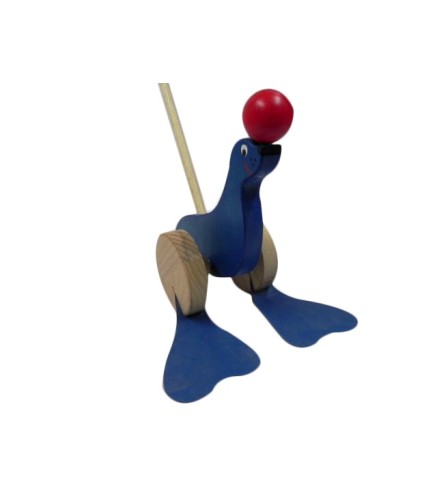 Wooden World Push Along Wooden Seal Toy, Hand Painted, Beech Wood, Rolling Figure with Stick, 20×10×10 cm