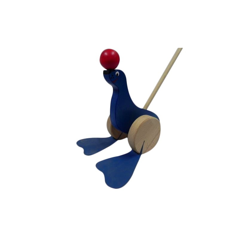 Wooden World Push Along Wooden Seal Toy, Hand Painted, Beech Wood, Rolling Figure with Stick, 20×10×10 cm