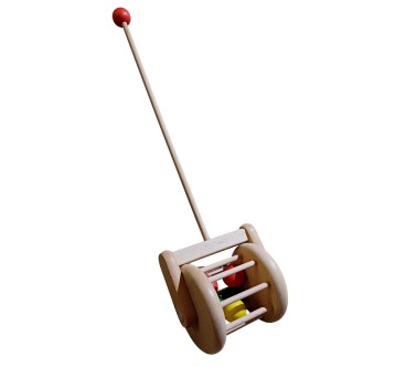 Wooden World Push Along Wooden Lawnmower Toy, Hand Painted, Beech Wood, Rolling Figure with Stick, 20×10×10 cm