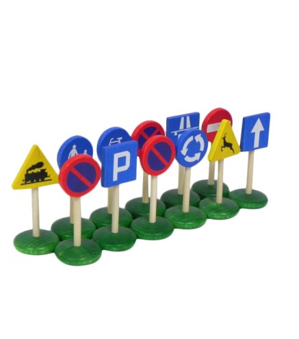 Wooden World European Wooden Road Signs Set, Hand Painted, 12 Pieces, Decorative & Toy Elements