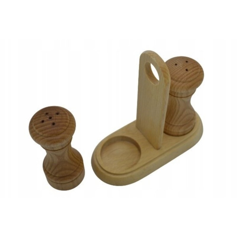 Wooden Salt and Pepper Shakers Set of 2 with Holder Beech Wood 10 cm