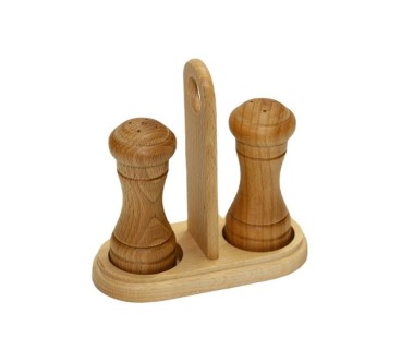 Wooden Salt and Pepper Shakers Set of 2 with Holder Beech Wood 10 cm