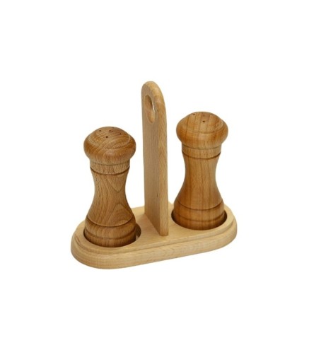 Wooden Salt and Pepper Shakers Set of 2 with Holder Beech Wood 10 cm