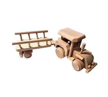 Wooden Tractor with Hay Trailer Pine Wood Model
