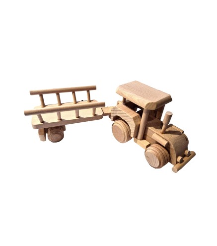 Wooden Tractor with Hay Trailer Pine Wood Model