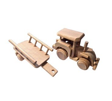 Wooden Tractor with Hay Trailer Handmade Pine Wood Model with Moving Wheels