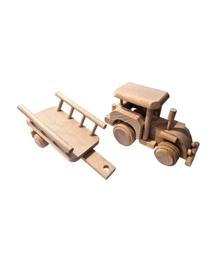 Wooden Tractor with Hay Trailer Handmade Pine Wood Model with Moving Wheels
