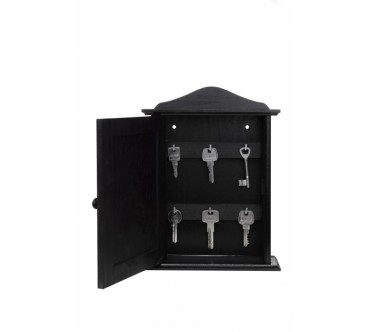 Wooden Key Cabinet Wall Mounted Key Holder Box with 6 Hooks Black