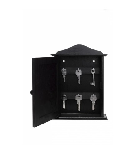 Wooden Key Cabinet Wall Mounted Key Holder Box with 6 Hooks Black
