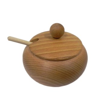 Beech Wood Sugar Bowl with Lid and Spoon – 10cm