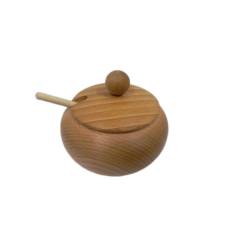 Beech Wood Sugar Bowl with Lid and Spoon – 12cm