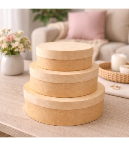 Wooden World Set of 3 Round Birch Bast Boxes with Lids, Nesting Storage Boxes