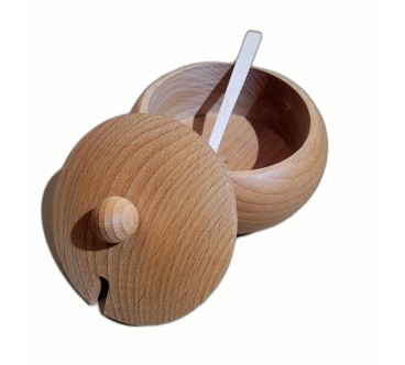 Beech Wood Sugar Bowl with Lid and Spoon – 14cm