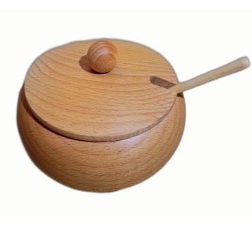 Beech Wood Sugar Bowl with Lid and Spoon – 14cm