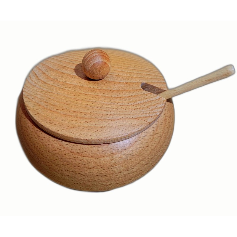 Beech Wood Sugar Bowl with Lid and Spoon – 14cm Beech Wood Sugar Bowl with Lid and Spoon – 14cm