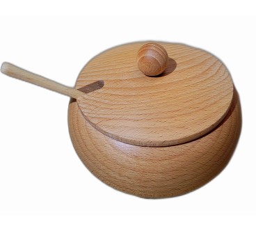 Beech Wood Sugar Bowl with Lid and Spoon – 14cm