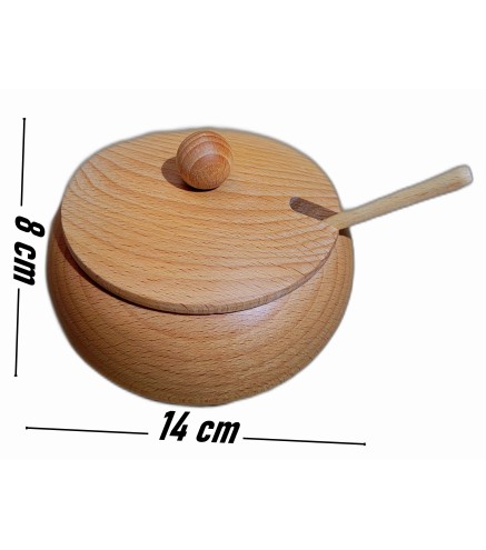 Beech Wood Sugar Bowl with Lid and Spoon – 14cm