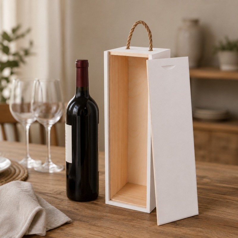 White Pine Wood Wine Bottle Gift Box with Sliding Lid and Rope Handle White Pine Wood Wine Bottle Gift Box with Sliding Lid and Rope Handle