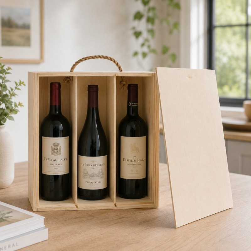 Wooden World Triple Pine Wood Wine Bottle Gift Box with Sliding Lid 36 cm