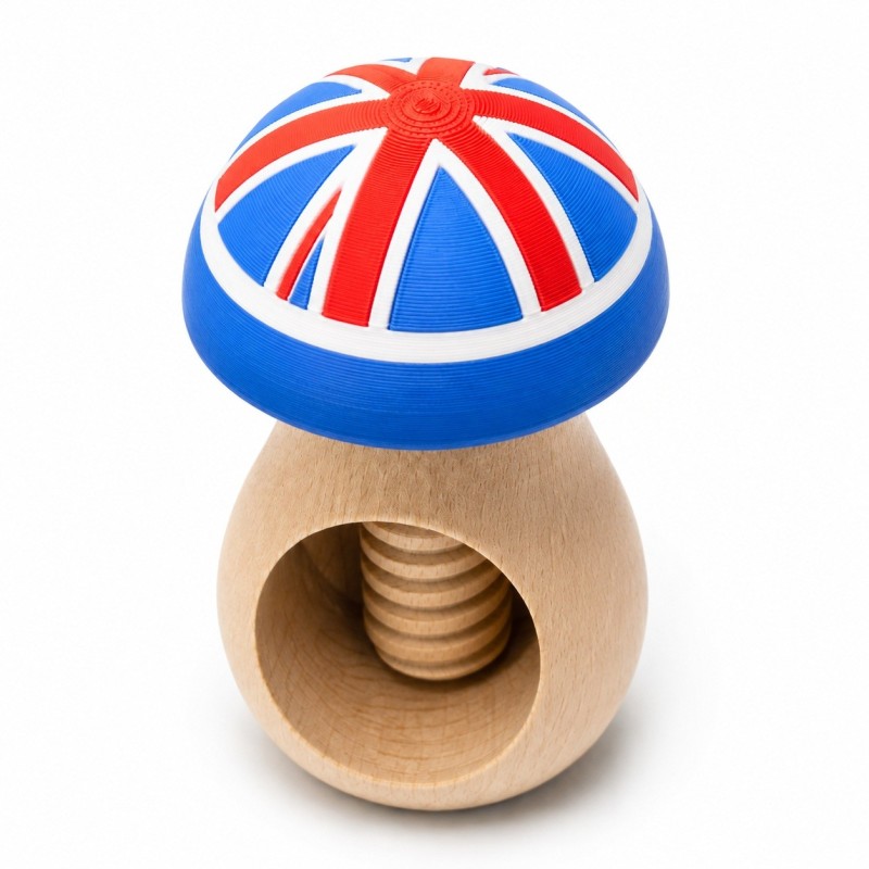 Beech Wood Mushroom Nutcracker with UK Flag 3D-Printed Head Beech Wood Mushroom Nutcracker with UK Flag 3D-Printed Head