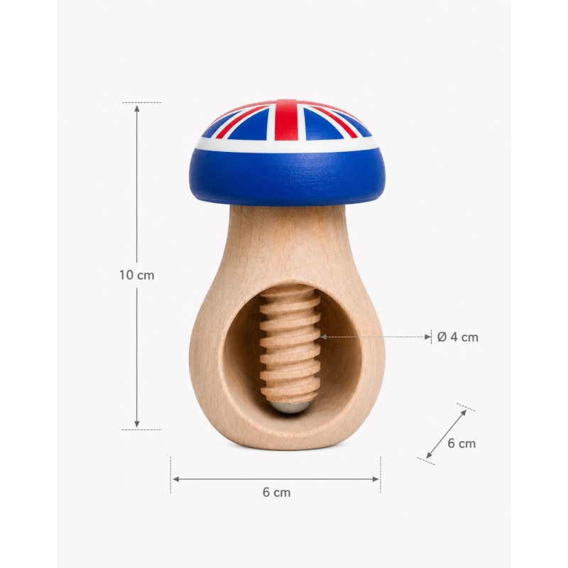 Beech Wood Mushroom Nutcracker with UK Flag 3D-Printed Head Beech Wood Mushroom Nutcracker with UK Flag 3D-Printed Head