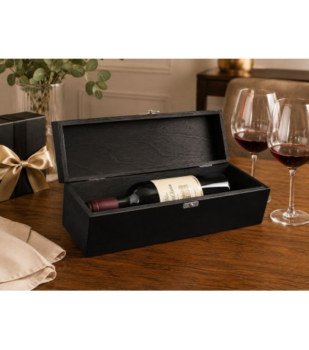 Personalised Wedding Wine Box with 3D Plaque - Black Lacquered Beech Wood - Wooden World