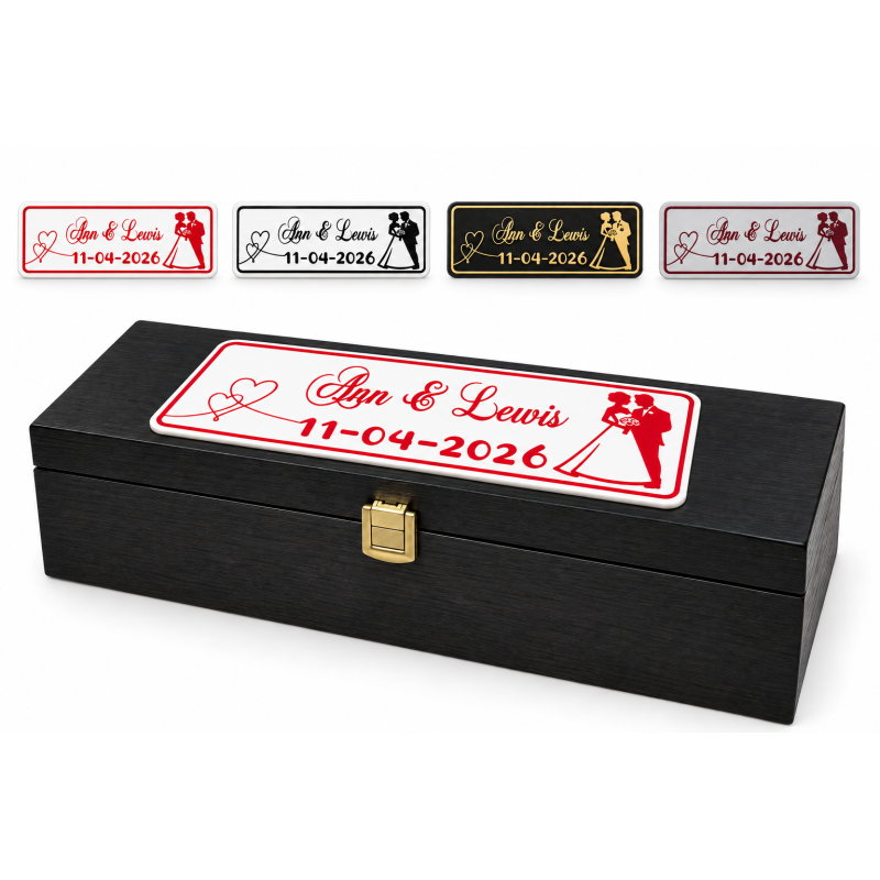 Personalised Wedding Wine Box with 3D Plaque - Black Lacquered Beech Wood - Wooden World Personalised Wedding Wine Box with 3D Plaque - Black Lacquered Beech Wood - Wooden World
