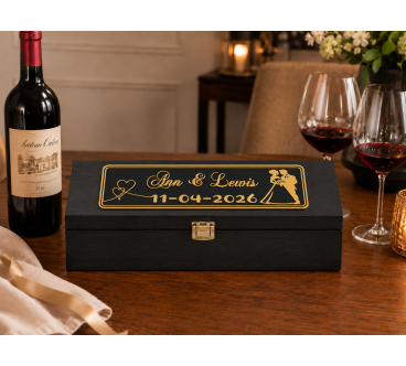 Personalised Wedding Wine Box with 3D Plaque - Black Lacquered Beech Wood - Wooden World