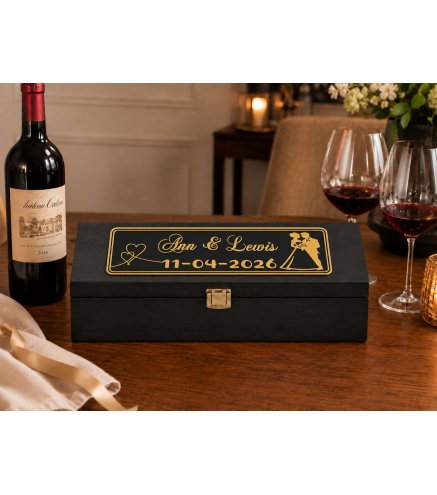 Personalised Wedding Wine Box with 3D Plaque - Black Lacquered Beech Wood - Wooden World