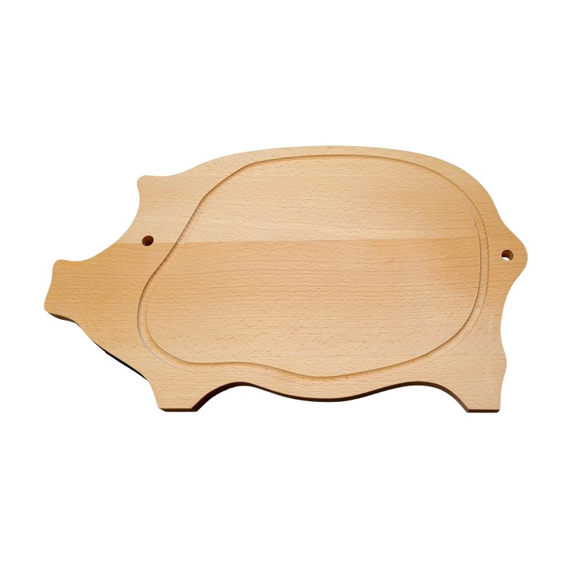 Wooden World - Large Pig-Shaped Beech Wood Chopping Board, Oiled Reversible, Serving Board with Perimeter Groove, 40 x 23 cm