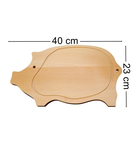 Wooden World - Large Pig-Shaped Beech Wood Chopping Board, Oiled Reversible, Serving Board with Perimeter Groove, 40 x 23 cm