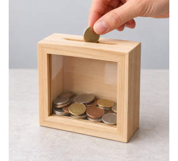 Wooden Money Box with Glass Front – Pine Piggy Bank with Removable Back – 10x10x4 cm