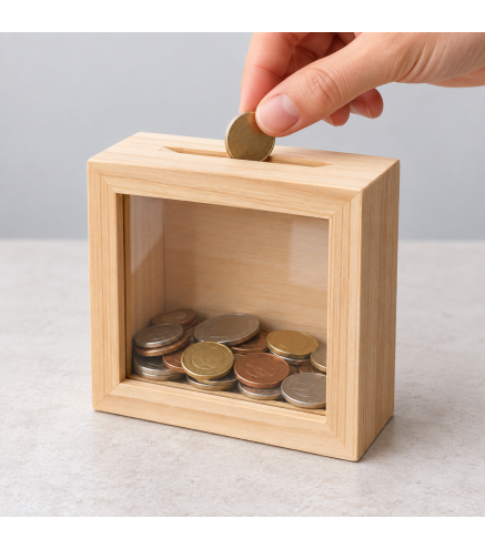 Wooden Money Box with Glass Front – Pine Piggy Bank with Removable Back – 10x10x4 cm