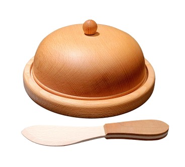Large Beech Wood Butter Dish with Lid & Wooden Knife