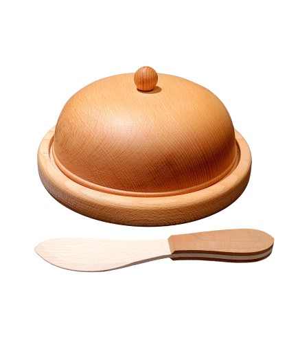 Large Beech Wood Butter Dish with Lid & Wooden Knife