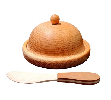 Small Beech Wood Butter Dish with Lid & Knife – 18 cm